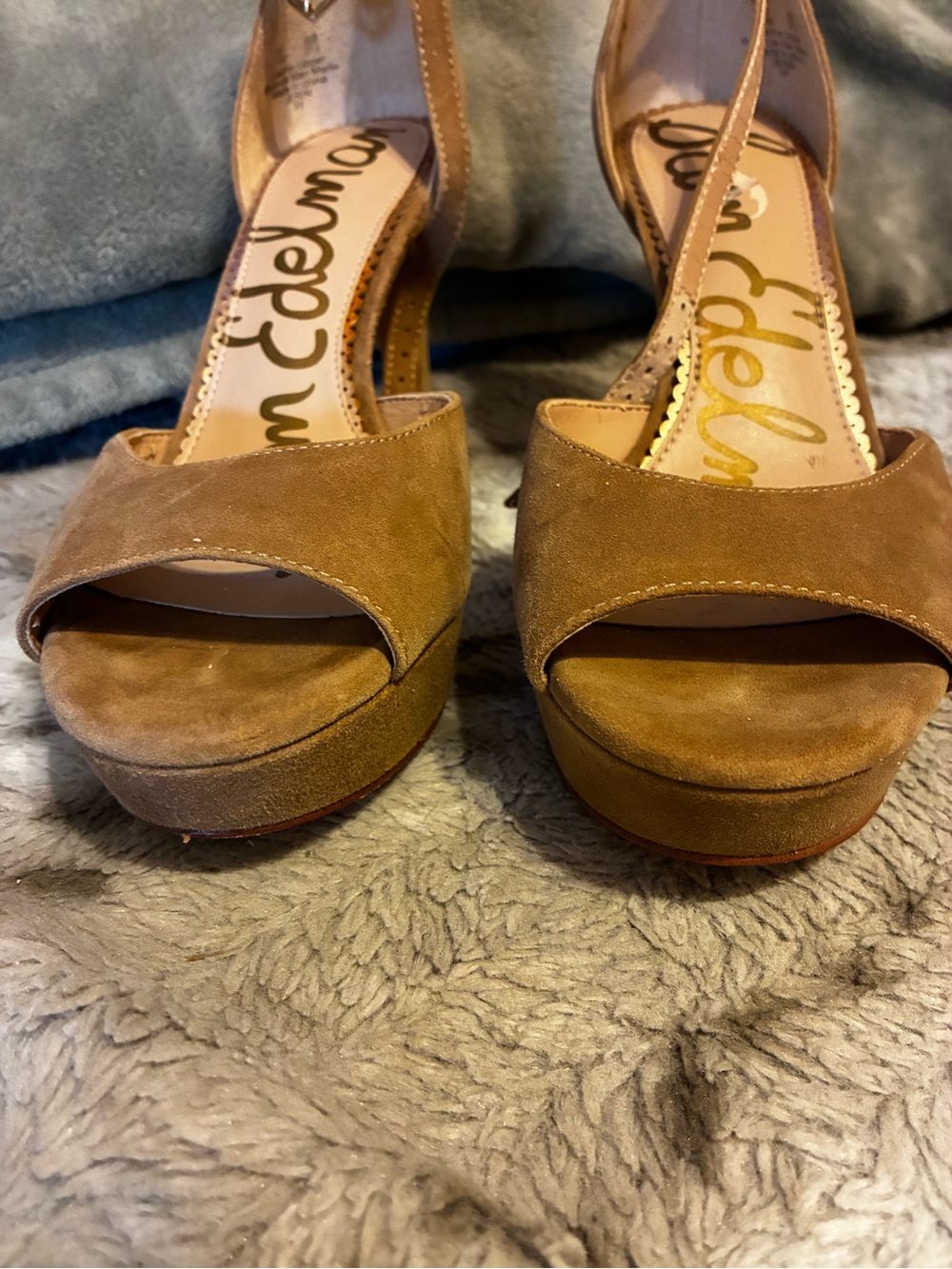 Sam Edelman Tan Suede Peep-Toe Ankle Strap Stiletto Heels- Size 7 1/2 - Picture 3 of 16